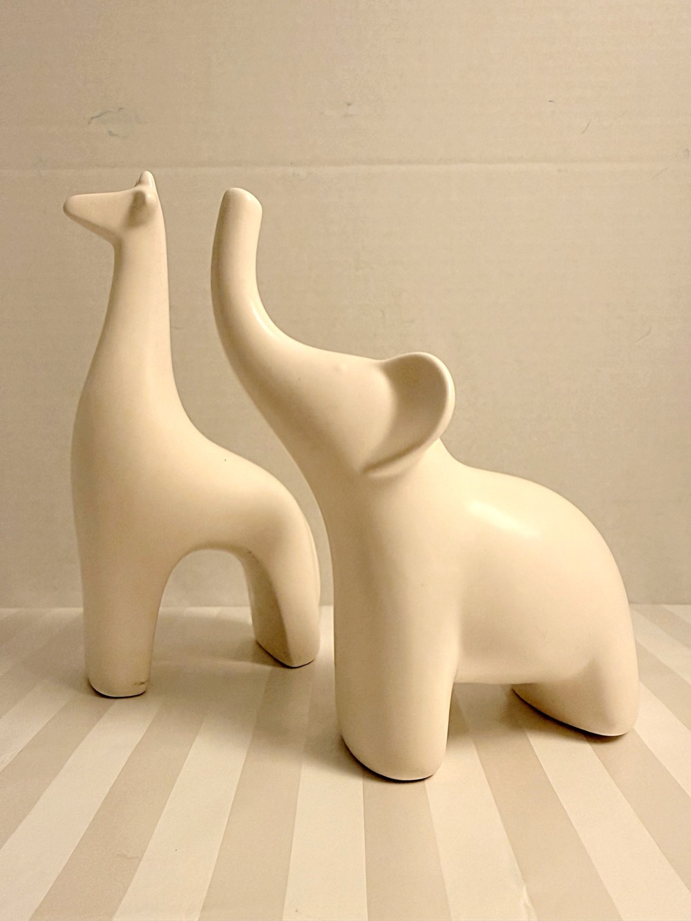Modernist Elephant & Giraffe Porcelain Sculptures Minimalist Satin Finish Decor